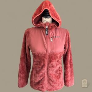 DKNY Sport Girls Faux Fur Hoodie Jacket L 14/16 Coral Rust Zip Front Sherpa